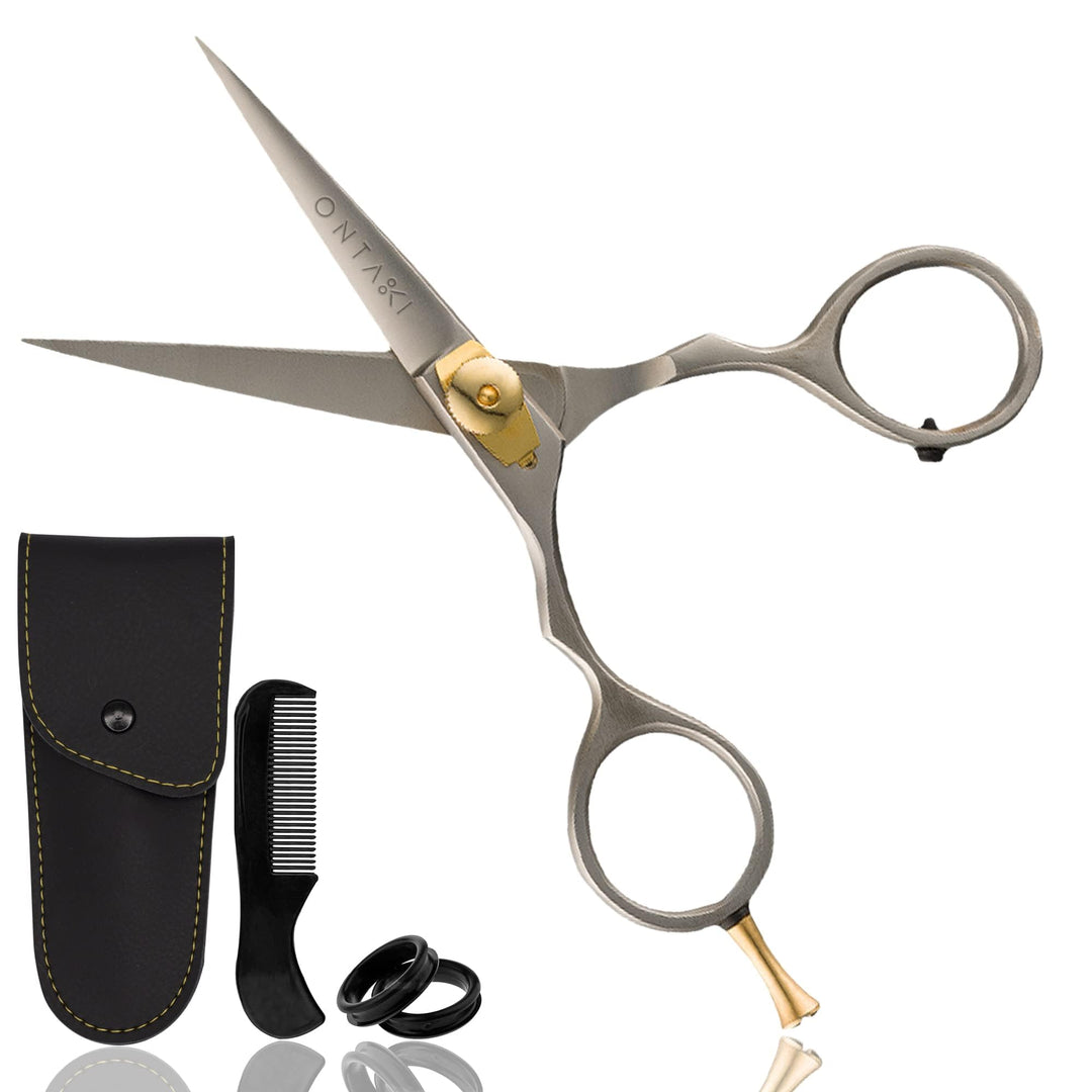 Ontaki Premium Hand-Forged Mustache & Beard Scissors 5.5" - Japanese Steel Barber Scissors - Bangs & Grooming Shears - Rest Hook Silver - Hair Shears - Beard Sheers