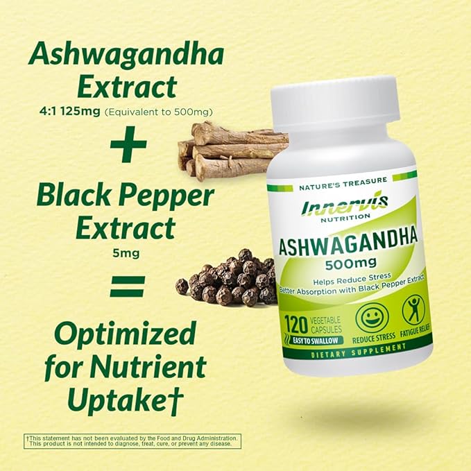 Ashwagandha 500mg with Black Pepper for Enhanced Absorption - Stress Support, Relaxation & Mood Balance -120 Vegan Capsules - Non-GMO, Made in USA, 3rd Party Lab Tested