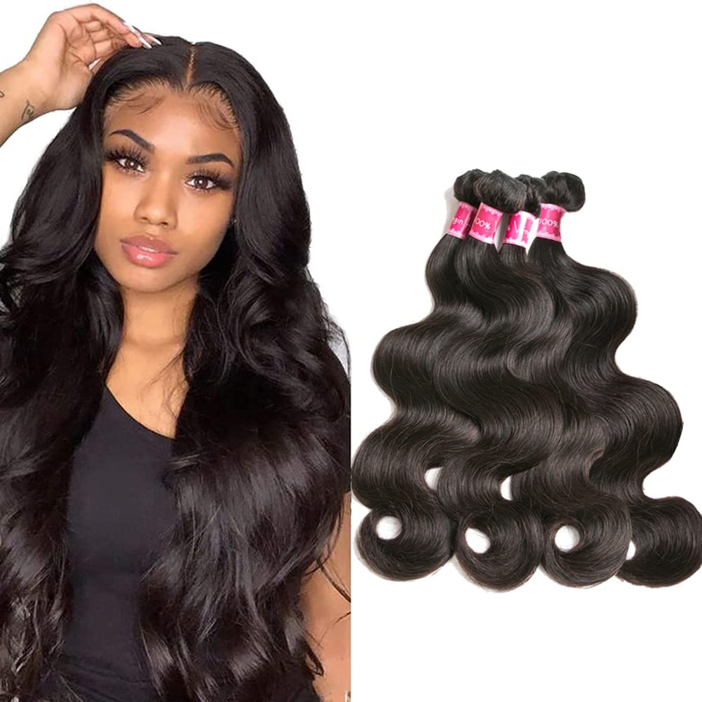 Beauty Queen Brazilian Human Hair Bundles Body Wave (18 20 22 24 Inch) 10A Bundles Human Hair 100% Unprocessed Weave 4 Bundles V