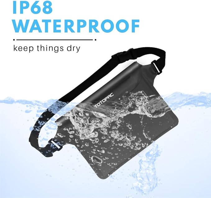 2-Pack Waterproof Fanny Pack, Phone Pouch with Waist Strap, 9x6.7 Inch Dry Bag for Phone, Cash, and Valuables – for Swimming, Kayaking, Boating, Snorkeling, and Water Sports (2, Black + Black)