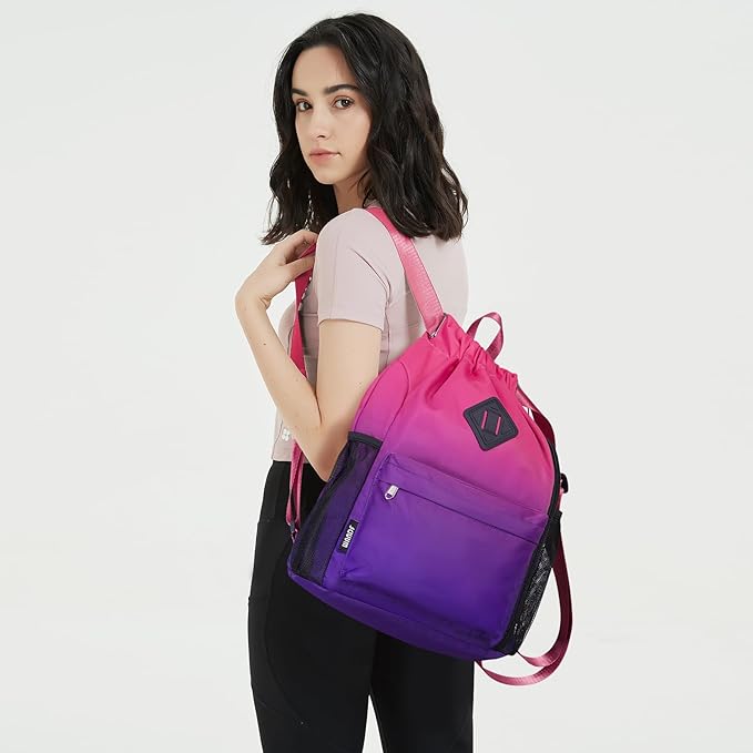 WANDF Drawstring Backpack Sports Gym Bag with Shoes Compartment, Water-Resistant String Backpack Cinch for Women Men (Small,Rose Gradient)