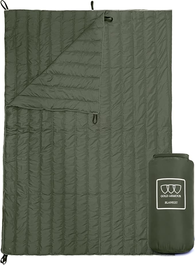 Gold Armour Camping Blanket - Puffy, Packable, Lightweight & Compact Insulated Camping Quilt for Outdoor - Backpacking, Beach, Stadium, Camp, Travel and Hiking Gear Essentials (Olive Green)