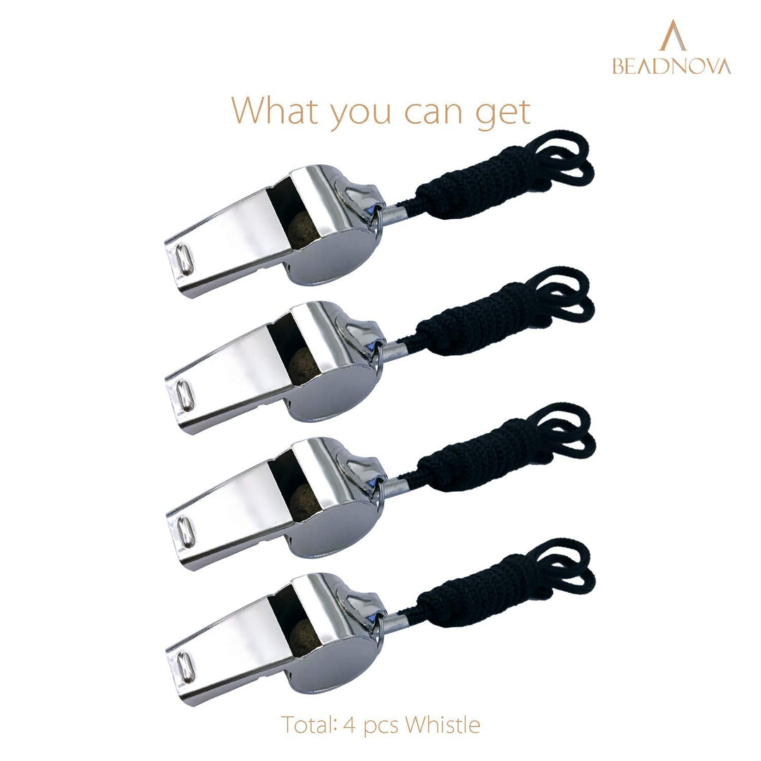 BEADNOVA Stainless Steel Whistle with Lanyard Coach Whistle Police Whistle Metal Whistles Sports Whistle Coaches Whistles (4 Pack, Silver)