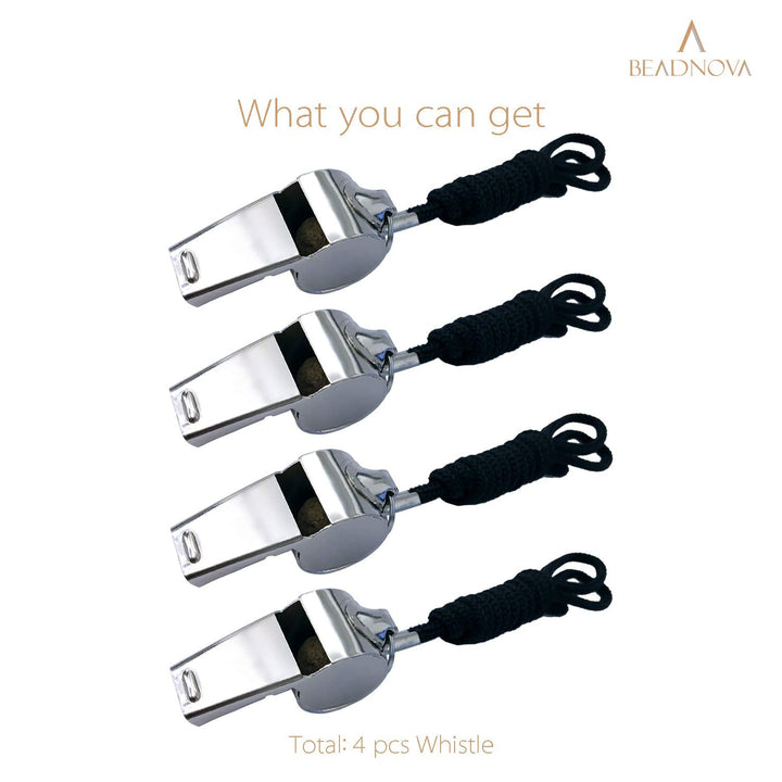 BEADNOVA Stainless Steel Whistle with Lanyard Coach Whistle Police Whistle Metal Whistles Sports Whistle Coaches Whistles (4 Pack, Silver)