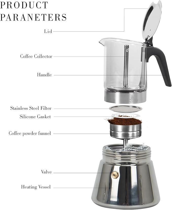 Stovetop Espresso Maker, 3Cup 360ml Moka Pot, Crystal Glass-top & Stainless Steel Coffee Maker Mocha Pot, Greca De Cafe, Cuban and Italian Coffee Maker for Cafetera Cubana