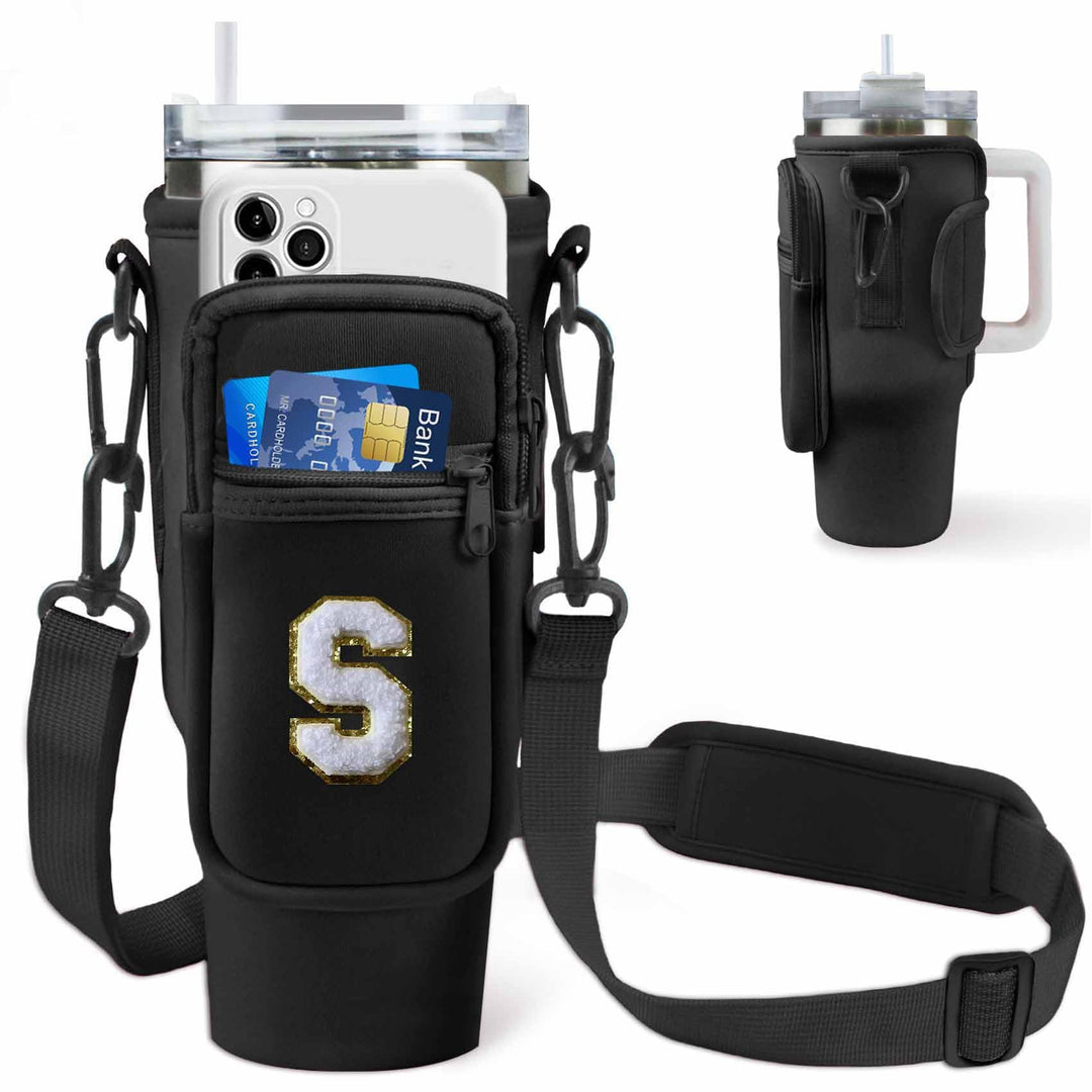 Aganmi Water Bottle Sling Bag with Phone Pocket for Stanley 40oz Tumbler Cup Accessories,Chenille Letter Water Bottle Holder Pouch with Adjustable Shoulder Strap for Outdoor Activities(Black S)