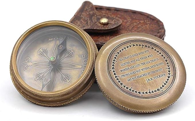 Solid Brass Gift Compass with Leather Case – Engraved Tolkien Quote “Not All Those Who Wander are Lost” – Vintage Gift for Travelers, Readers, Adventure Lovers, Graduation, Birthday, Retirement