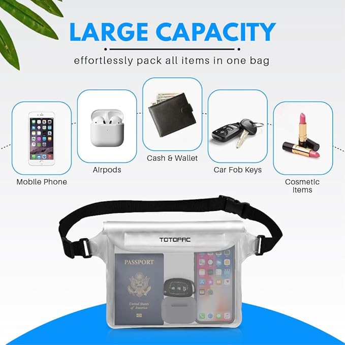 2-Pack Waterproof Fanny Pack, Phone Pouch with Waist Strap, 9x6.7 Inch Dry Bag for Phone, Cash, and Valuables – for Swimming, Kayaking, Boating, Snorkeling, and Water Sports (2, White + White)