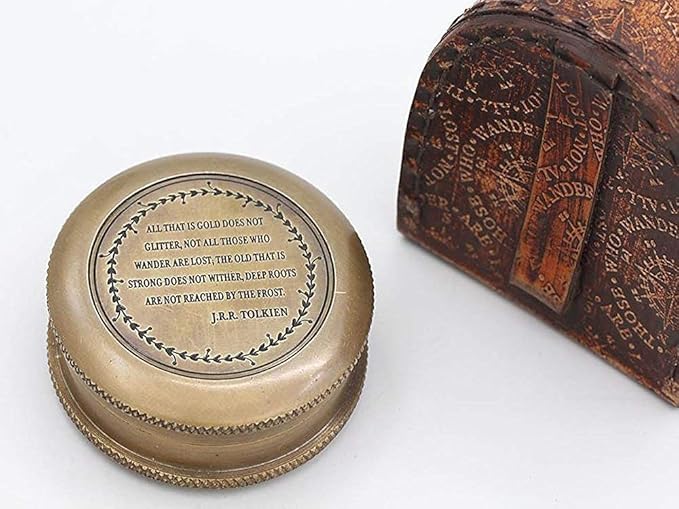 Solid Brass Gift Compass with Leather Case – Engraved Tolkien Quote “Not All Those Who Wander are Lost” – Vintage Gift for Travelers, Readers, Adventure Lovers, Graduation, Birthday, Retirement