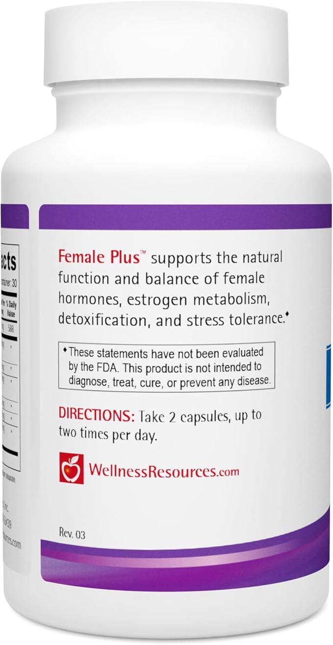 Wellness Resources Female Plus for Healthy Estrogen Metabolism, Menstrual Rhythm Support, Energy and Mood - Chaste Berry, I3C, DIM, Calcium-D-Glucarate, B6, Myo-Inositol, Sulforaphane (60 Capsules)