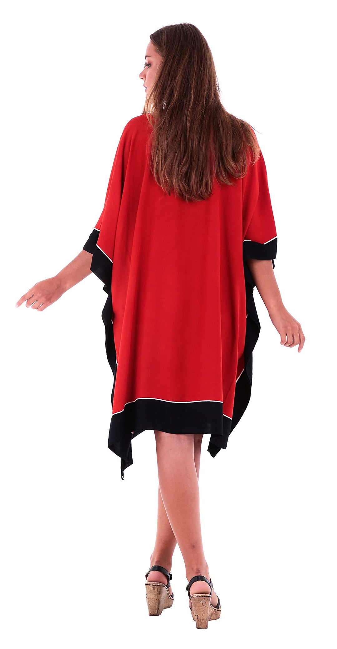 SHU-SHI Womens Short Caftan Poncho Tribal Tunic Swimwear Cover Up Red