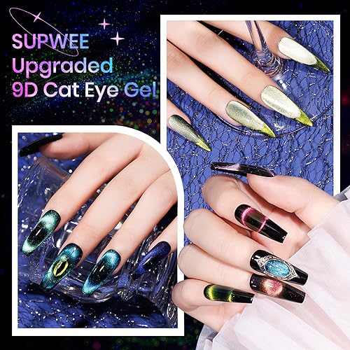 Cat Eye Gel Nail Polish Set - 12 Colors 9D Magnetic Nail Polish Gel Galaxy Cateye Nail Gel Polish with 1 Black Gel and Magnetic Lamp Cure Required Home Manicure DIY Nail Art