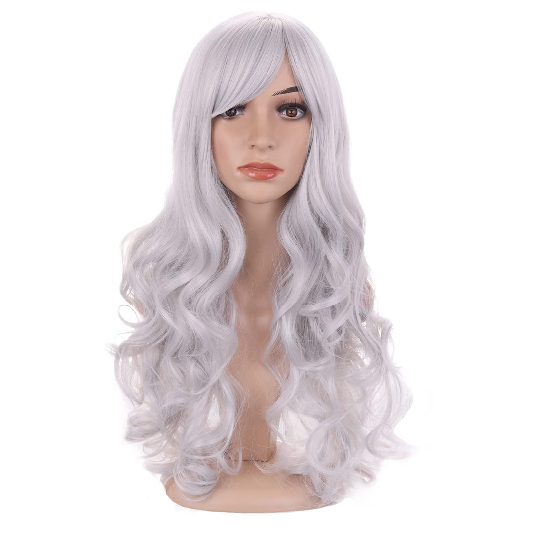 BERON Silver White Wig Long Wavy Wig Colorful Wig with Bangs for Women Silver Wig Long Curly Wig Silver White Wig Synthetic Wig with Wig Cap