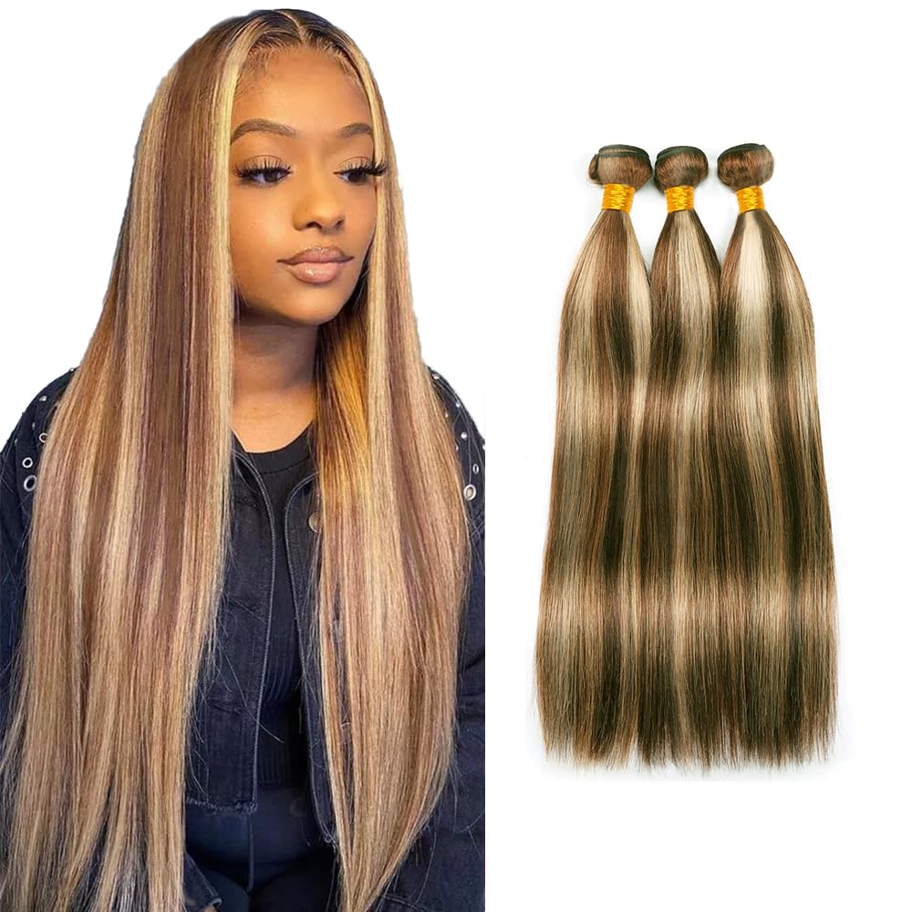 P4/613 Human Hair Bundles - Honey Blonde & Brazilian Brown Straight Remy Hair - 8A Virgin - 3 Bundles - 8, 10, 12 Inch - Two Tone Brown & Honey Blonde
