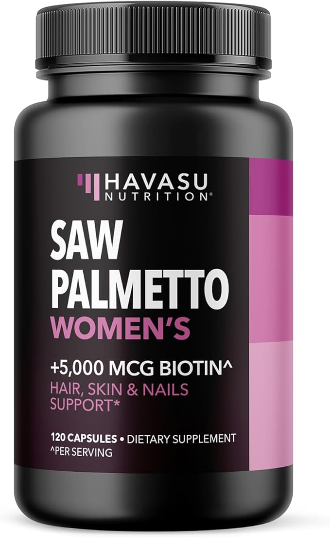 Saw Palmetto for Women with Biotin 5000mcg - Powerful DHT Blocker to Support Hair, Skin, and Nail Health - 120 Count - Vegan, Non-GMO Vitamin for Stronger, Fuller Looking Locks - 2 Month Supply