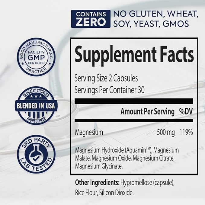 5-in-1 Magnesium Complex Spectrum 5 Magnesium Glycinate from ZnS Health, Malate, Citrate, Oxide, Hydroxide for Energy, Nerves, Muscles, Sleep, Joints, High Absorption 500 mg 60 Capsules Vegan Non-GMO