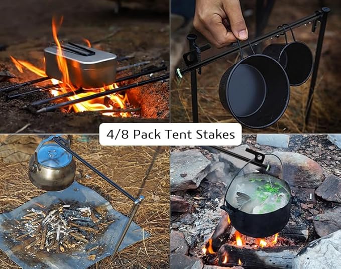 4 Pack Tent Stakes Heavy Duty Metal Tent Pegs with 10in Steel Tent Stakes+Fluorescent Silicone Rings+Special Bag for Camping Used on Rocks, Grassland (10in - 4 Pack)