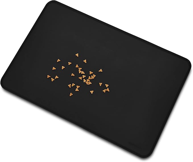 Amazon Basics Waterproof Anti-Slip Silicone Cat & Dog Food Mat, Pet Mats with Raised Edges for Food and Water Bowl to Protect Floors, 24 x 16 Inches, Black, Solid