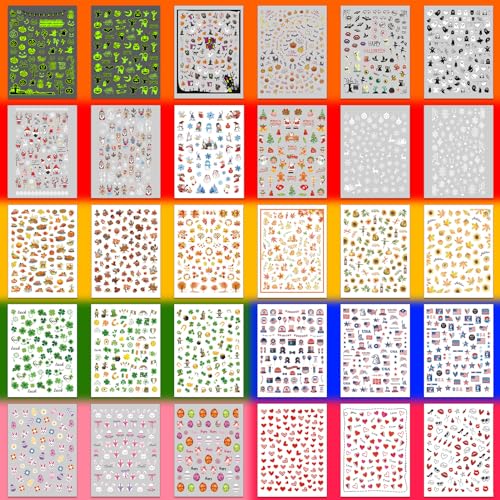 30 Sheets 7 Holiday Nail Art Stickers, Mixed Season Nail Decals Set for All Year, 3D Self-Adhesive Pegatinas Uñas Easter 4th of July Halloween Thanksgiving Christmas Valentine's St. Patrick's Day