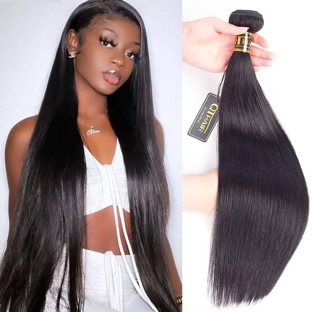 Qthair 14A Indian Straight Virgin Hair 100% Unprocessed Straight Human Hair Weave For All Women (32'', Indian Hair)
