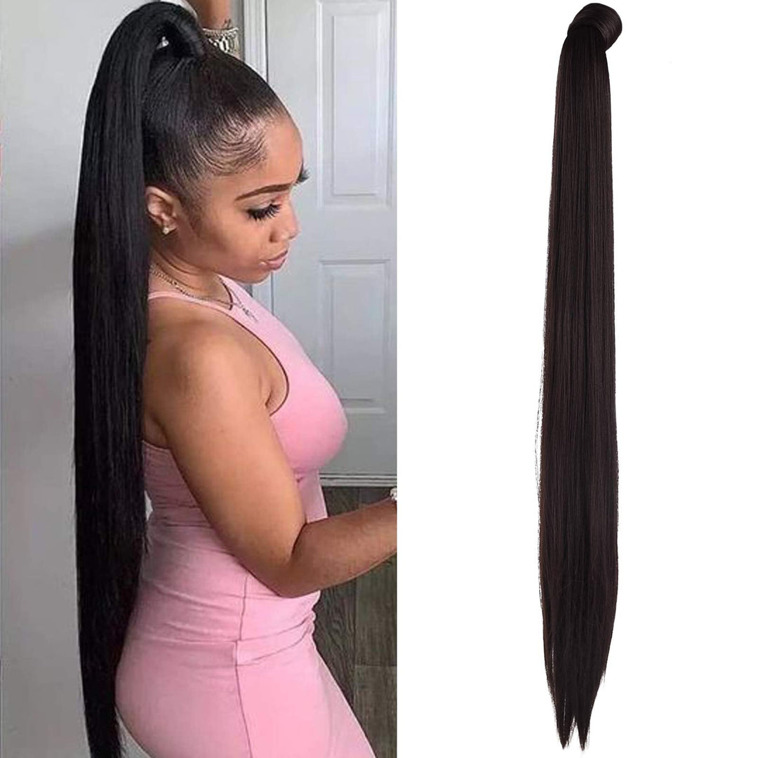 Seikea 35 Inch Clip In Ponytail Extension Wrap Around Long Straight Pony Tail Hair Synthetic Hairpiece For Women -Dark Brown