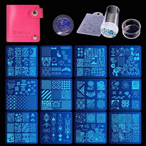Biutee Nail Stamping Plates Set - 12pcs Templates, 8 Colors, Stamper, Scraper, Storage Bag - Animal & Flower Design Nail Art Plates