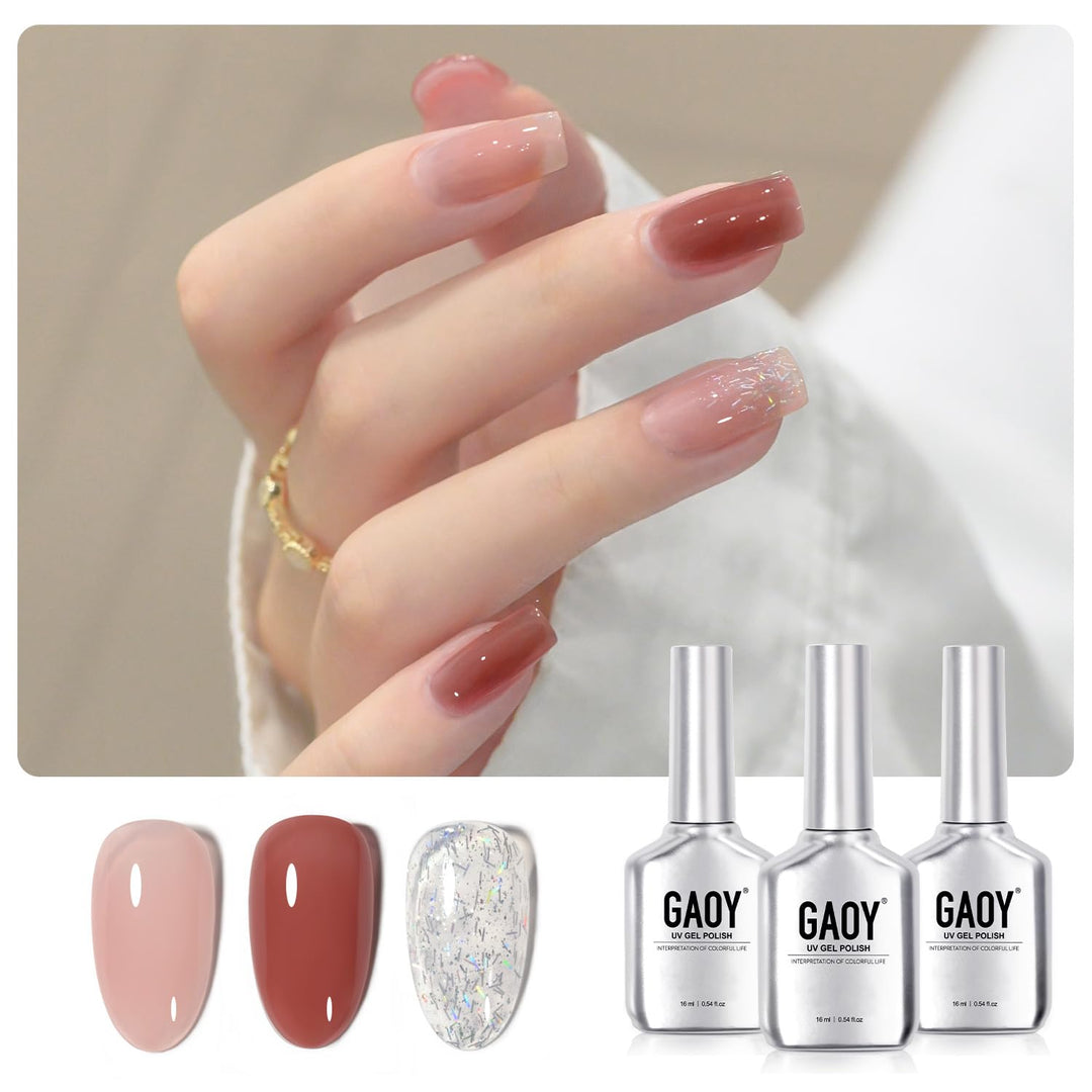 Gaoy Gel Nail Polish Kit, 3 Colors 16Ml Jelly Pink Glitter, Sheer Soak Off Uv Gel Polish Set - Fairy Pink