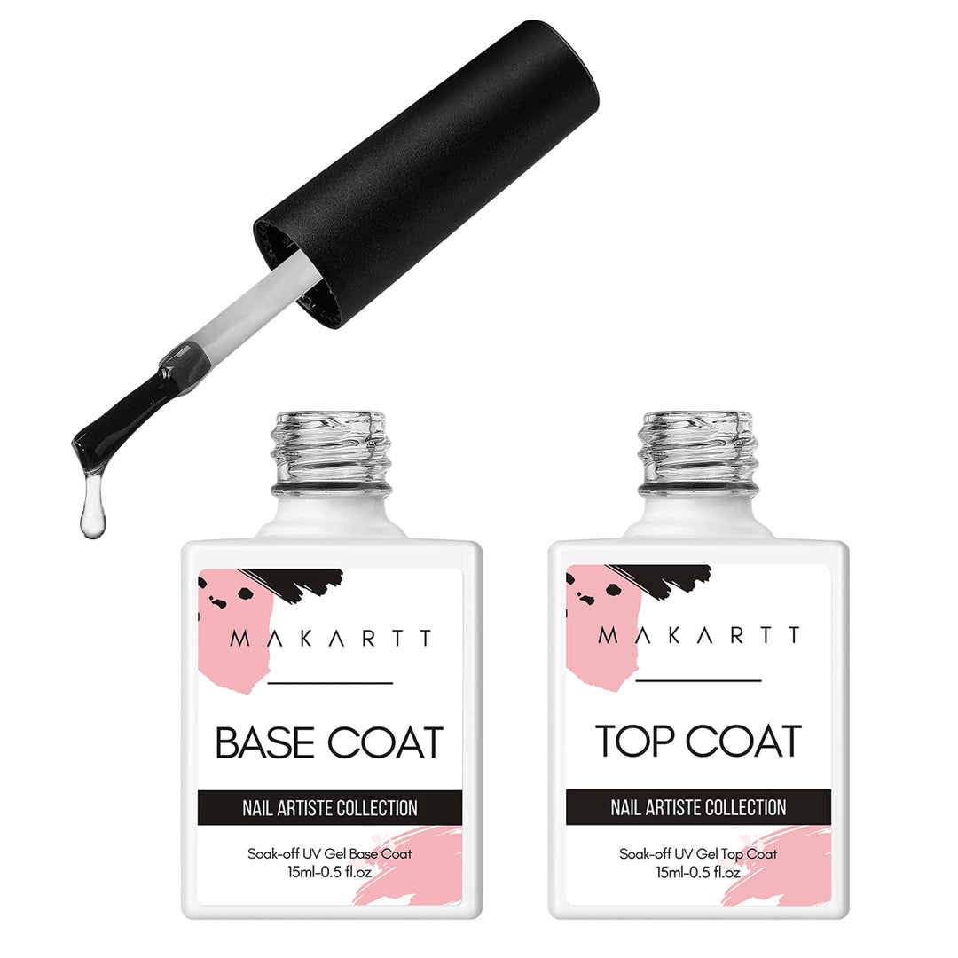 Makartt Base And Top Coat Gel, No Wipe Gel Top Coat And Base Coat, 2Pcs 15Ml Long Lasting Shine Clear Coat Nail Polish Need Nail