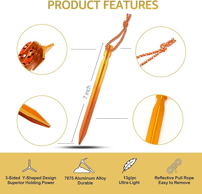 15Pack Tent Stakes, 7075 Aluminum Tent Stakes Heavy Duty, Lightweight Metal Stakes with Pull Rope, Tent Pegs for Backpacking, Durable Camping Tent Accessories, Orange