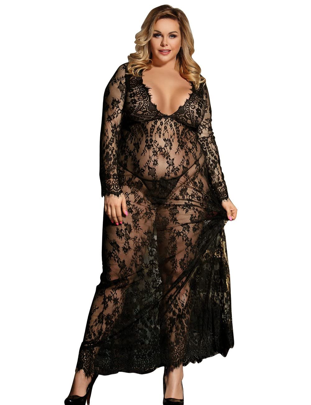 ohyeah Women Lace Cover Up Lingerie Floral Lace Long Maxi Beach Dress Gown Lingerie Dress (Black, Medium=US 4-6)
