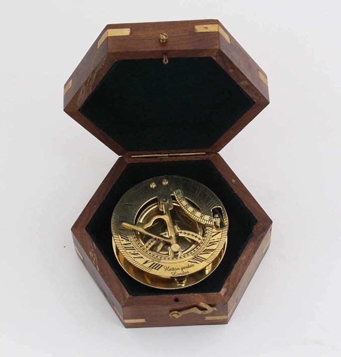 Antique Reproduction Hatton Garden Brass Sundial Compass with Compass Rose Inlaid Hardwood Case – Unique Gift for Someone Special – Great for Father’s Day, Boss, or Groomsmen Gift