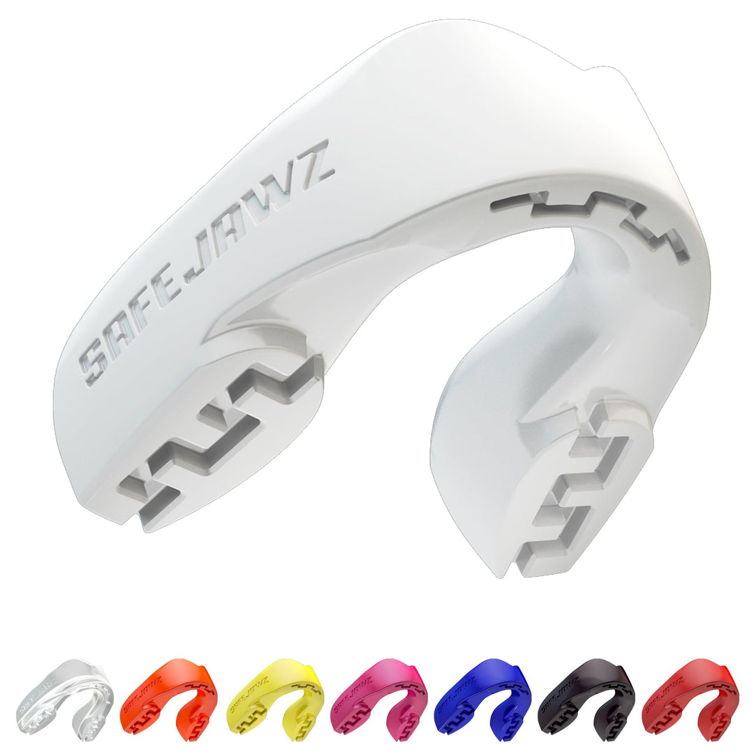 SAFEJAWZ Mouthguard Slim Fit, Adults and Junior Mouth Guard with Case for Boxing, Basketball, Lacrosse, Football, MMA, Martial Arts, Hockey and All Contact Sports (White)