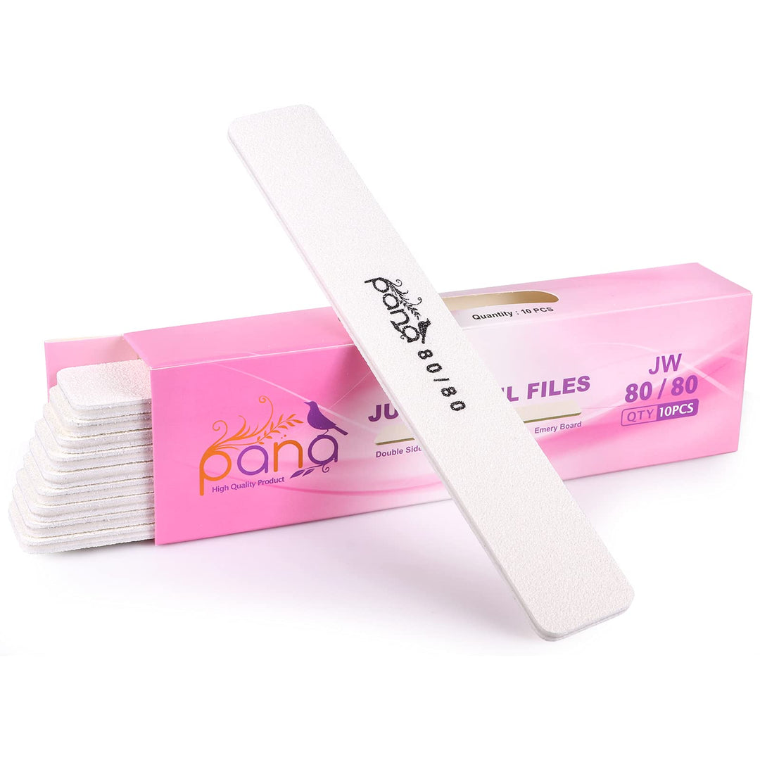 10Pcs Jumbo Size Pana Professional Double Sided Nail Files - White, 80/80 Grit - Emery Board Nail Buffering File Manicure Pedicu