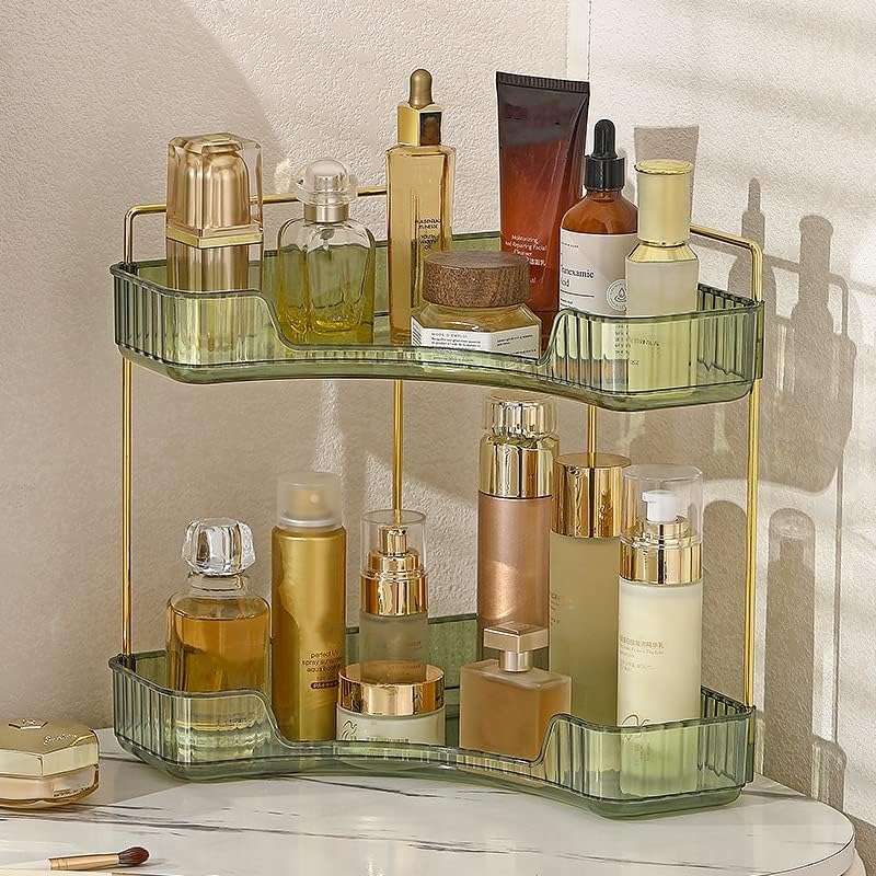 Corner Bathroom Counter Organiser, Vanity Trays for Bathroom, Skincare Makeup Organiser Shelf, Vanity Organiser, Bathroom Counter Shelf for Cosmetics, Toiletries, Lotions, Perfumes (2 Tiers, Green)