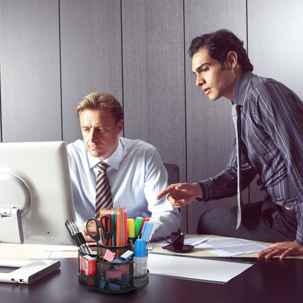 360° Rotation Multi Functional Pen Holder, Mesh Desktop Caddy, Rotating Pencil Holder, High Capacity, with Non Skid Rubber Mat, 7 Compartments, for Office Storage, Dressing Table (Pink)