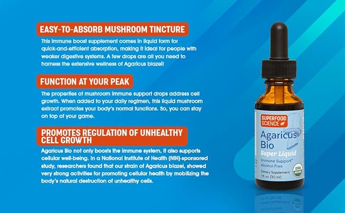 Agaricus Bio Super Liquid, Natural Killer Cell Activity, Organic Mushroom Extract, Agaricus Blazei Murill Mushroom, Tincture Drops with High Beta Glucans, Liver and Immune Support Supplement, 30 ml