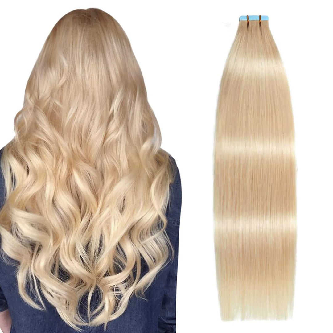 Suyya Tape In Hair Extensions Human Hair Ash Blonde 100% Remy Hair 18 Inches 20Pcs 50G/Pack Straight Seamless Skin Weft Tape In