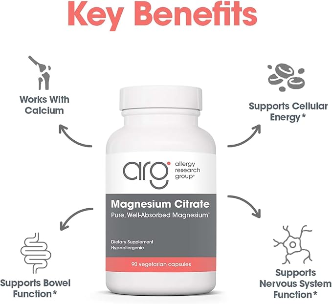 Allergy Research Group Magnesium Citrate Dietary Supplement - Bone & Stress Support, Well-Absorbed, Hypoallergenic, Vegetarian Capsules - 90 Count