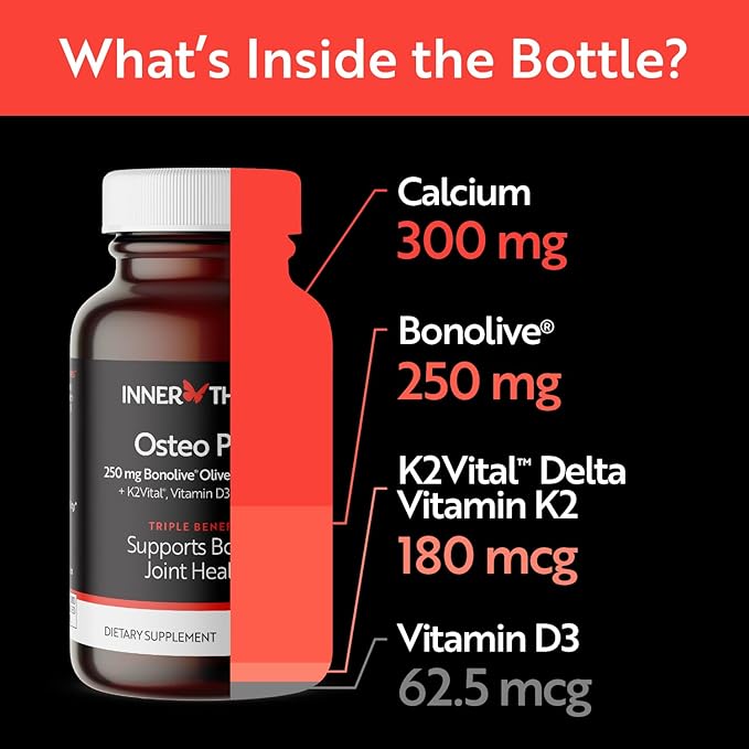 Osteo Plus 4-in-1 Comprehensive Supplement - Calcium with Vitamin D3, K2 and Bonolive - Supports Healthy Aging - Gluten-Free, Non-GMO, Vegan (60 Count)