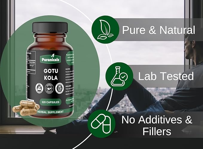 Gotu Kola Premium 320 Capsules Non GMO and Gluten Free | Herbal Supplement | 600 mg Per Serving | Made with 100% Pure Gotu Kola Powder