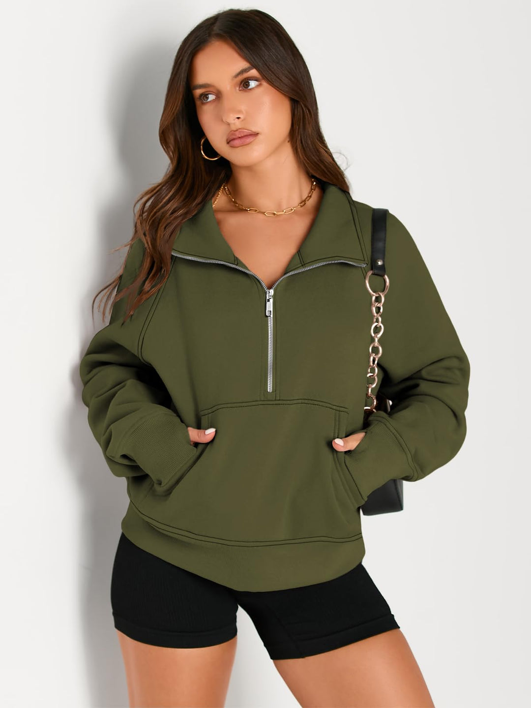 AUTOMET Womens Sweatshirts Half Zip Cropped Pullover Fleece Quarter Zipper Hoodies 2024 Fall Fashion Outfits Clothes Thumb Hole Armygreen