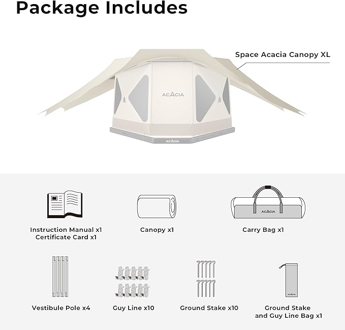 ACACIA Canopy XL for Space Acacia Camping System, PU2000 Waterproof Camping Tarp for 4 Season Camping, UPF50+ Sunproof Tent Tarp with 4 Telescoping Poles, Carry Bag, Almond