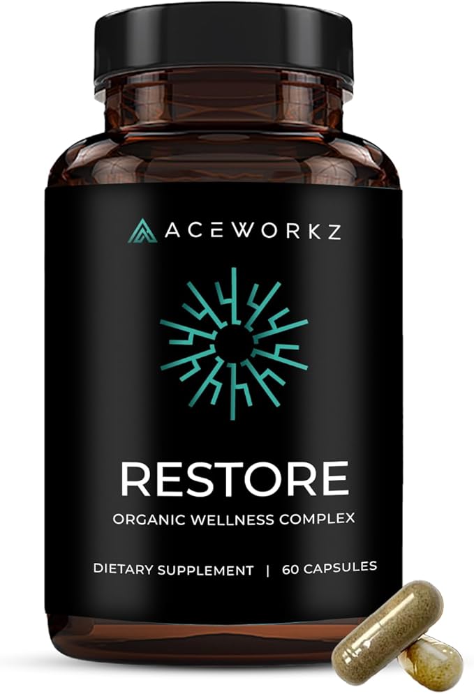 Restore - USDA Organic Superfood & Herbal Complex - 12,000mg - Sea Moss, Ashwagandha, Black Seed Oil, Turmeric, Shilajit & BioPerine® for Max Asorption- Energy, Immune & Detox Support (60 Capsules)
