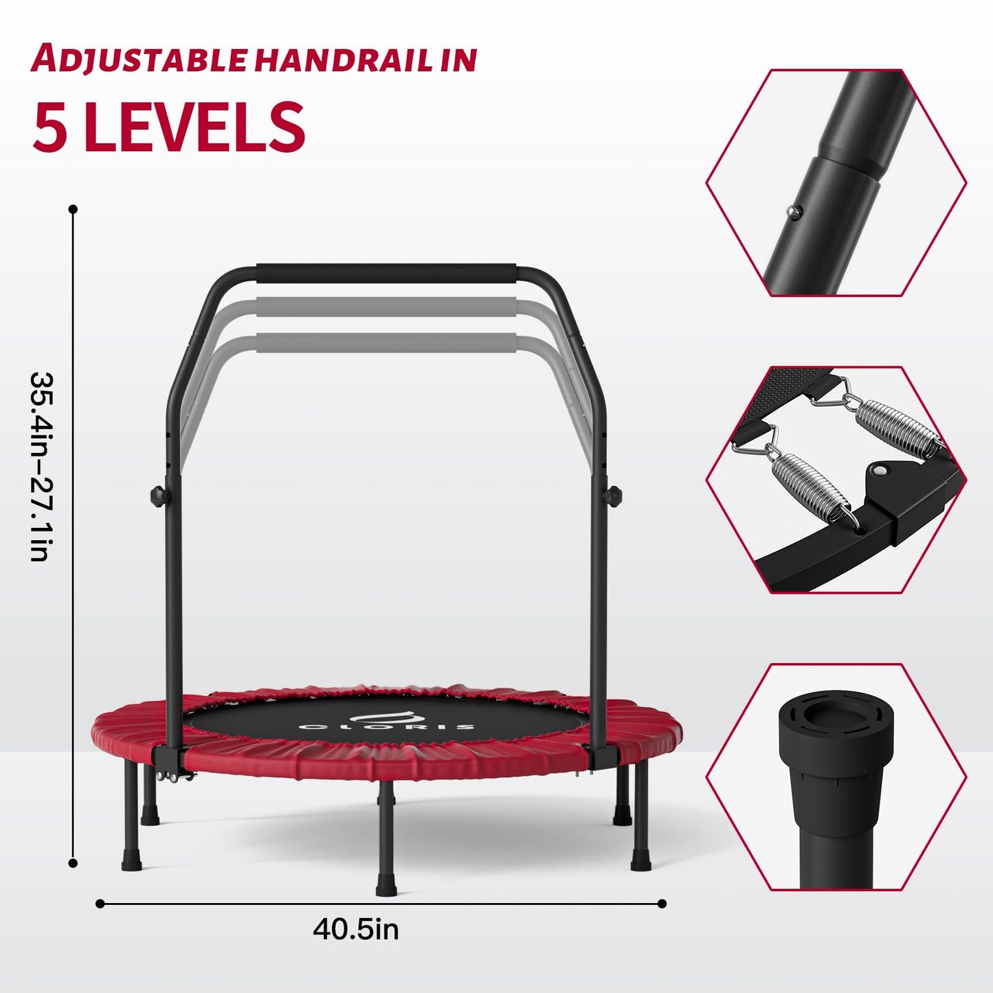 CLORIS 38in/40in/48in Folding Trampoline Mini Rebounder Fitness Trampoline with Adjustable Foam Handle for Kids/Adult, with safty Padded Cover Best Gift for Kids/Adult (Yellow)… (40in-Red)