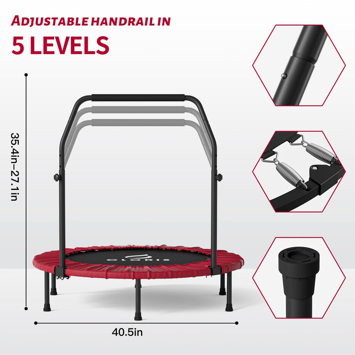 CLORIS 38in/40in/48in Folding Trampoline Mini Rebounder Fitness Trampoline with Adjustable Foam Handle for Kids/Adult, with safty Padded Cover Best Gift for Kids/Adult (Yellow)… (40in-Red)