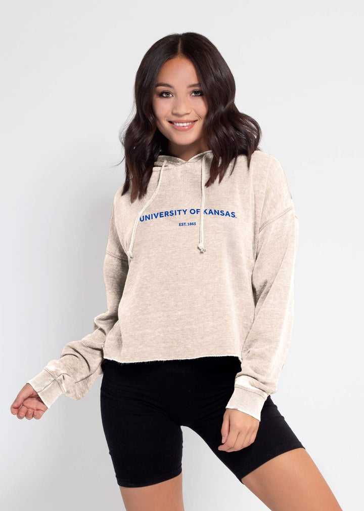 Chicka-d Kansas Jayhawks Women's Campus Crop Top Hoodie Oatmeal, Small