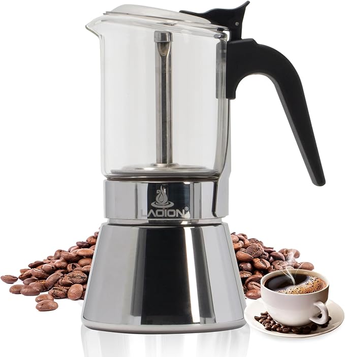 Stovetop Espresso Maker, 3Cup 360ml Moka Pot, Crystal Glass-top & Stainless Steel Coffee Maker Mocha Pot, Greca De Cafe, Cuban and Italian Coffee Maker for Cafetera Cubana