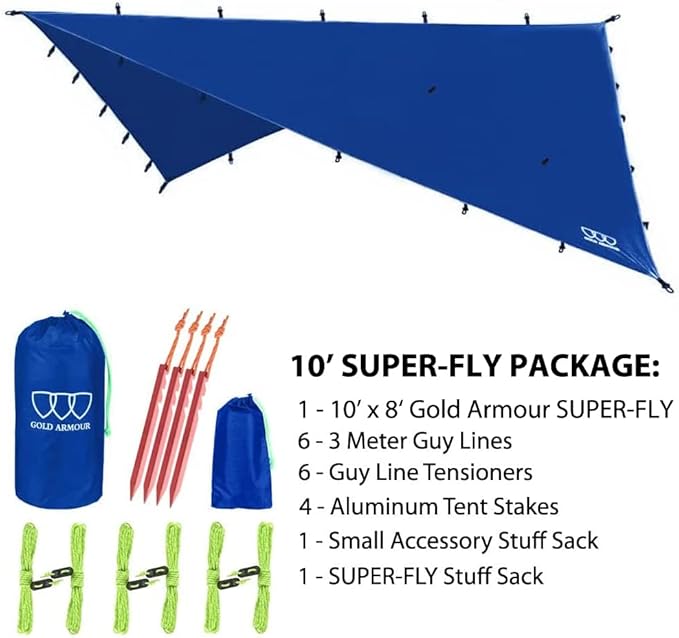 Gold Armour Rainfly Tarp Hammock, Premium 14.7ft/12ft/10ft/8ft Rain Fly Cover, Waterproof Ultralight Camping Shelter Canopy, Survival Equipment Gear Camping Tent Accessories (Blue 10ft x 8ft)