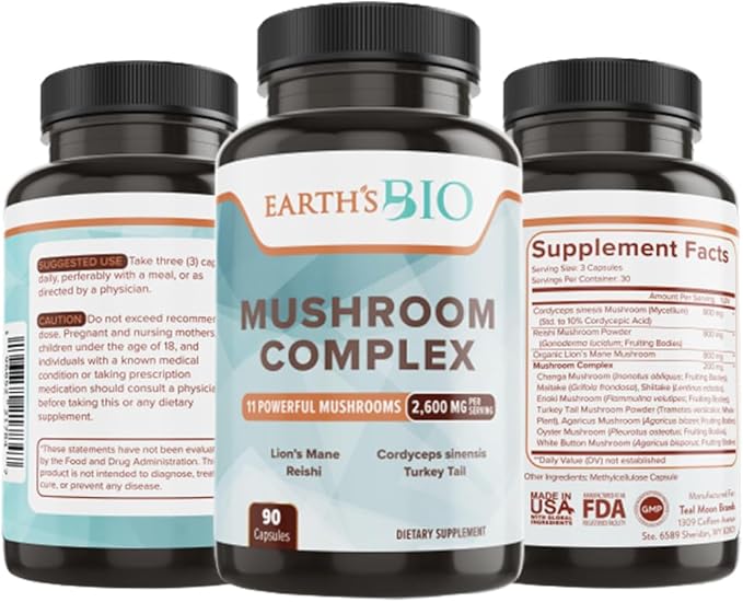 EARTH'S BIO Mushroom Supplement Complex 2,600 mg per Serving, 90 Caps, with Organic Lion's Mane Mushroom, Turkey Tail, Enoki Agaricus, White Button & Oyster Mushroom - Memory & Immune Support