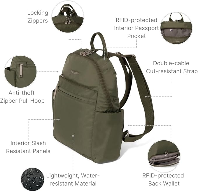 Baggallini Securtex® Anti-theft Vacation Travel Backpack 10x13 Slash-Resistant Nylon Daypack w/RFID